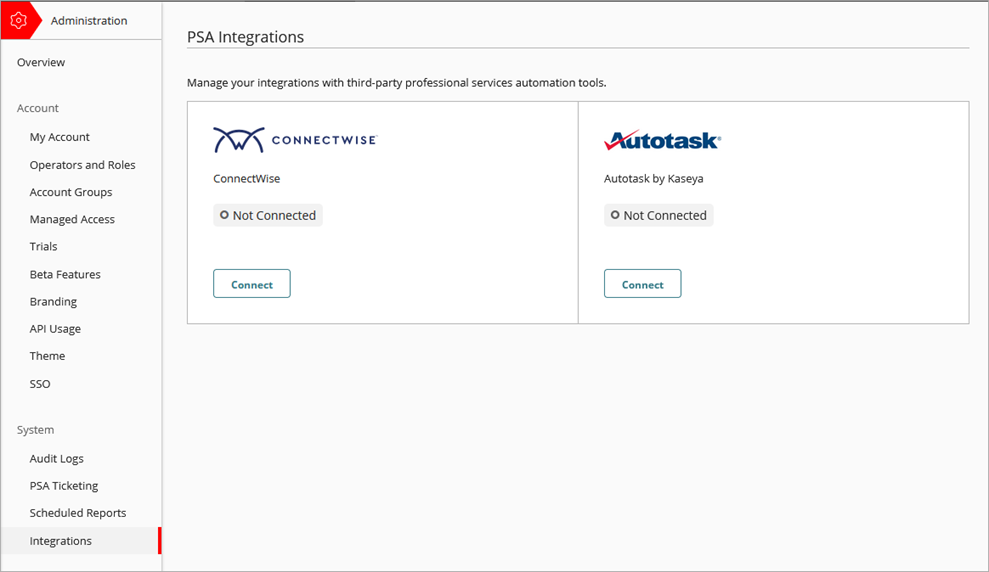 Screen shot of PSA Integrations page