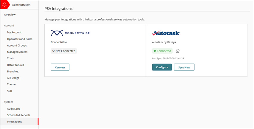 Screen shot of PSA Integrations page
