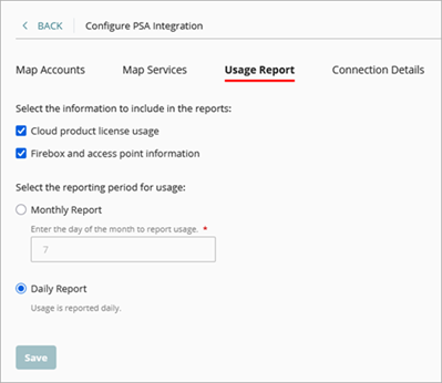 Screen shot of PSA Usage Report tab