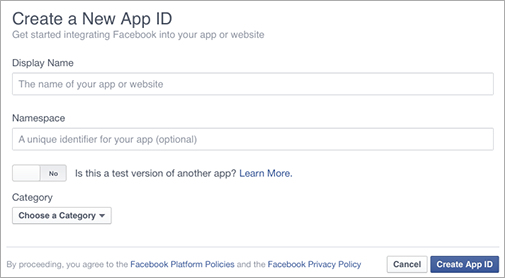 Screen shot of the Facebook create a new app page