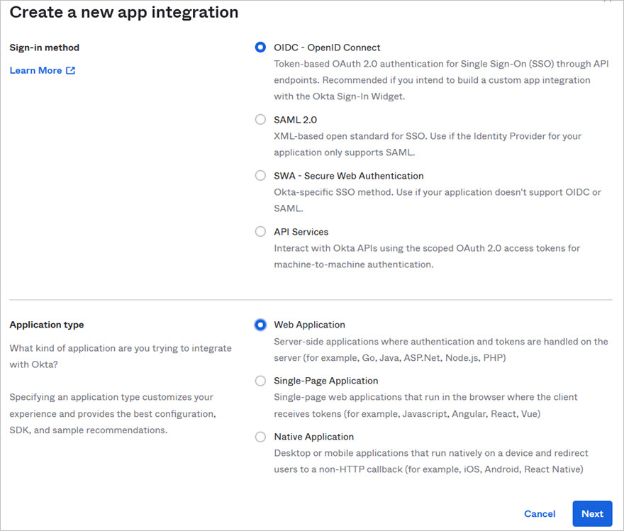 Screen shot of the Okta New Application Integration page