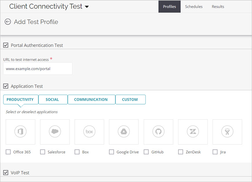 Screen shot of the Client Connectivity Test create profile dialog box