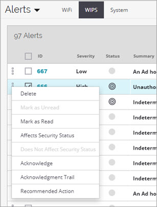 Screen shot of the Alerts page with the alert actions displayed