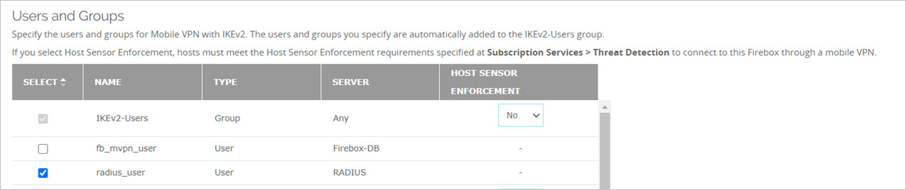 Screen shot of the Mobile VPN with IKEv2 authentication configuration on a Firebox