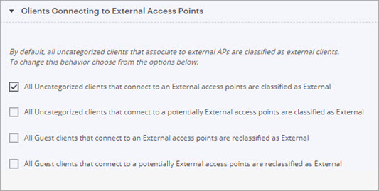 Screen shot of the External AP Client Classification settings in Discover