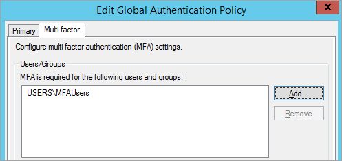 Screen shot of a group added in the Edit Global Authentication Policy window.