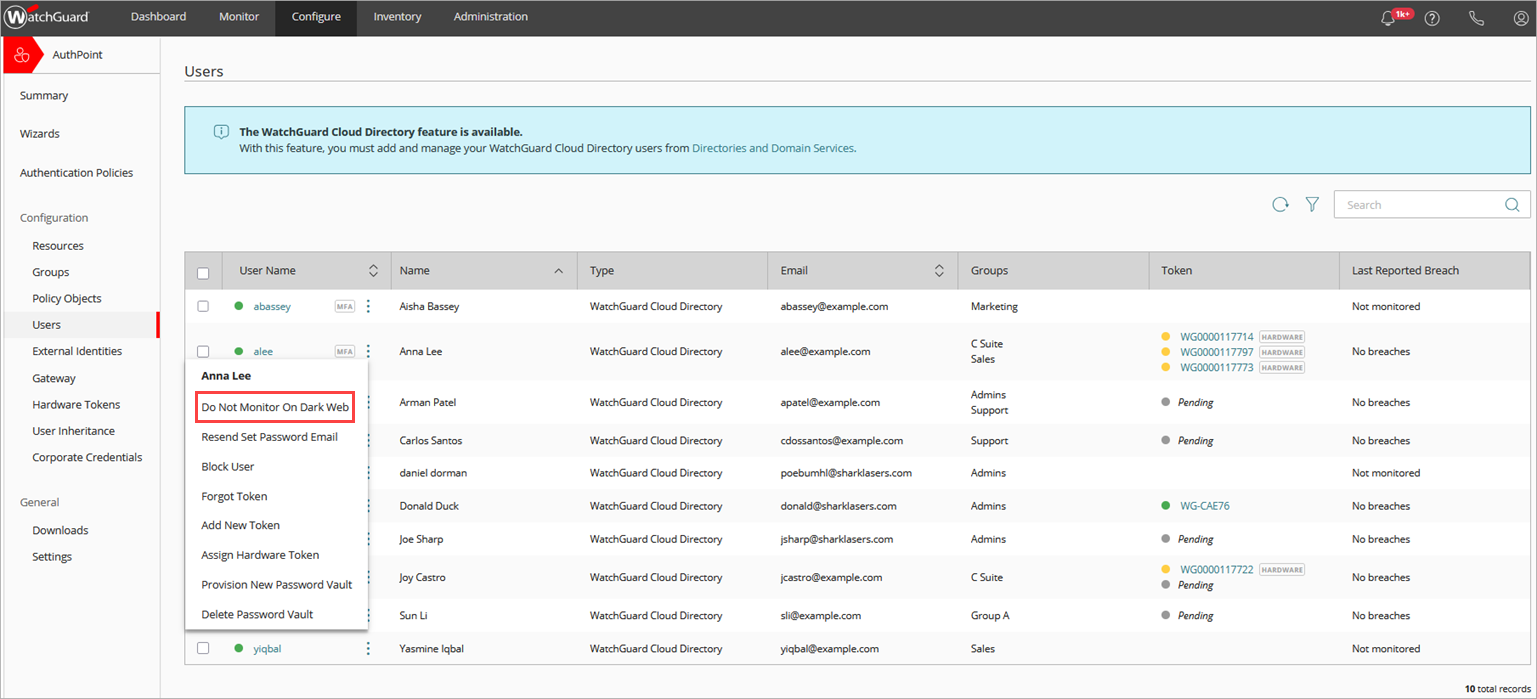 Screen shot of the Dark Web Monitor page.