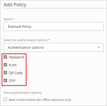 Screenshot of the Add Policy page with authentication options selected.
