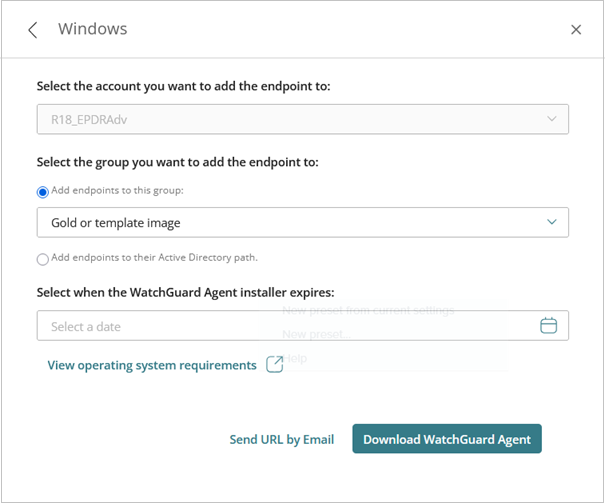 Screen shot of Add Endpoints dialog box for Windows OS (Endpoint Security)