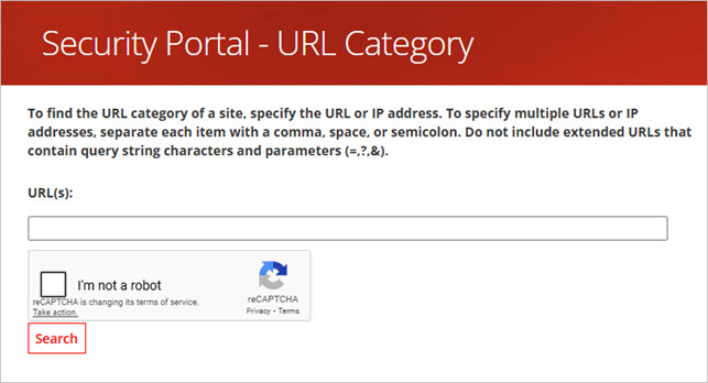 Screen shot of Security Portal, URL Category look up