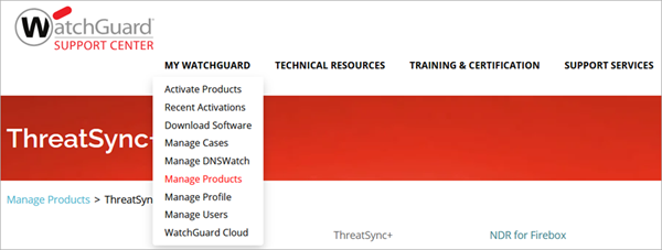 Screenshot of the My WatchGuard > Manage Products menu