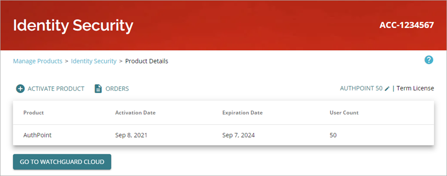 Screen shot of Identity Security, Manage Products page