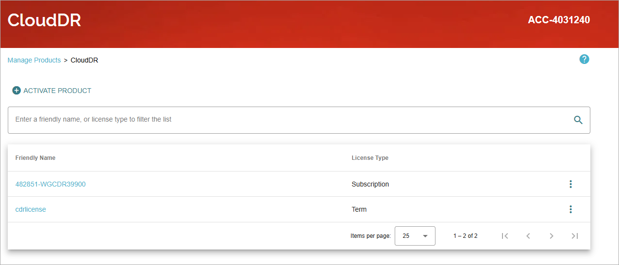 Screen shot of Manage Products page for CloudDR