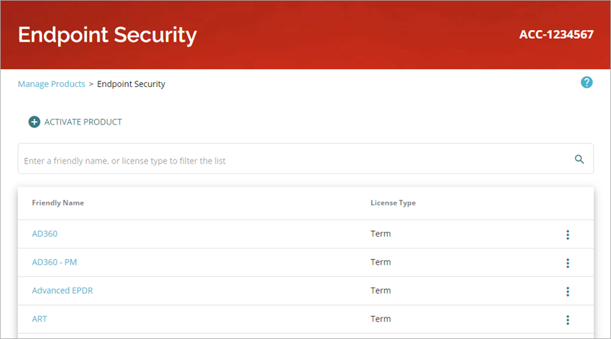 Screen shot of Endpoint Security, Manage Products page