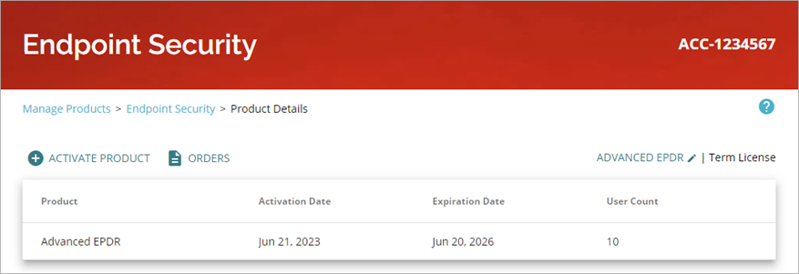Screen shot of Endpoint Security, Manage Products page