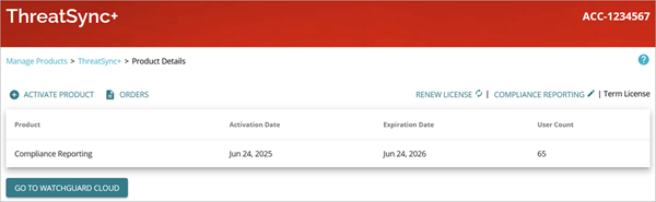 Screenshot of the ThreatSync+ Product Details page for a Compliance Reporting license