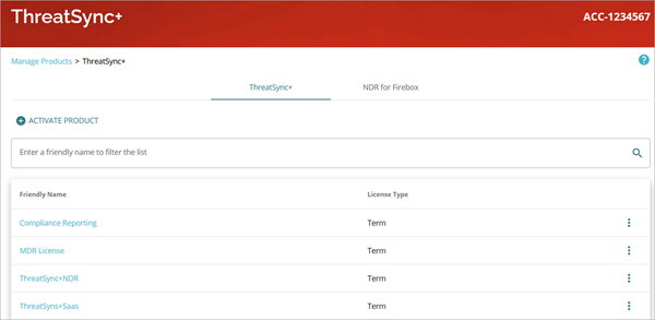 Screenshot of the ThreatSync+ tab on the ThreatSync+ Manage Products page