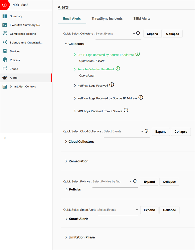 Screenshot of the Alerts page in the Configure menu in ThreatSync+ NDR