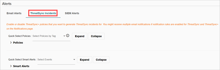 Screenshot of the ThreatSync tab on the Alerts page