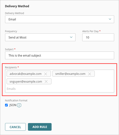 Screen shot of the Delivery Method section for ThreatSync+ SaaS on the Add Rules page in WatchGuard Cloud