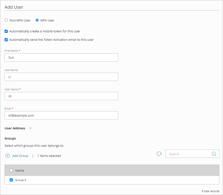 Screen shot of the Add User page