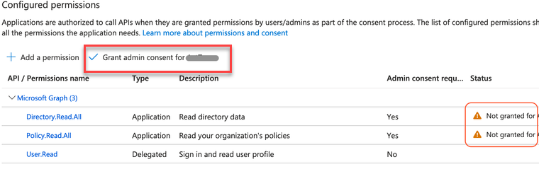 Screenshot of the Azure configured permissions page