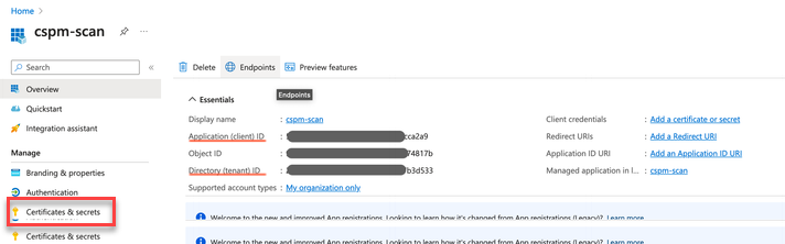 Screenshot of the Azure app registration page