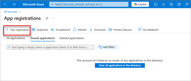 Screenshot of the Azure app registrations page