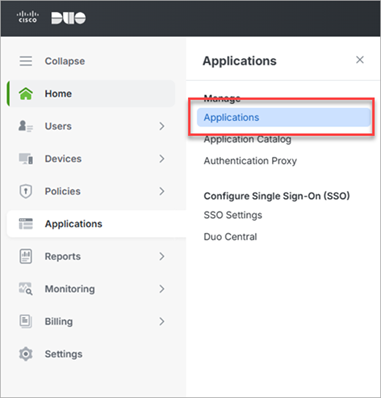 Screenshot of the Duo Applications menu