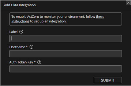 Screen shot of MDR portal Okta integration settings dialog box