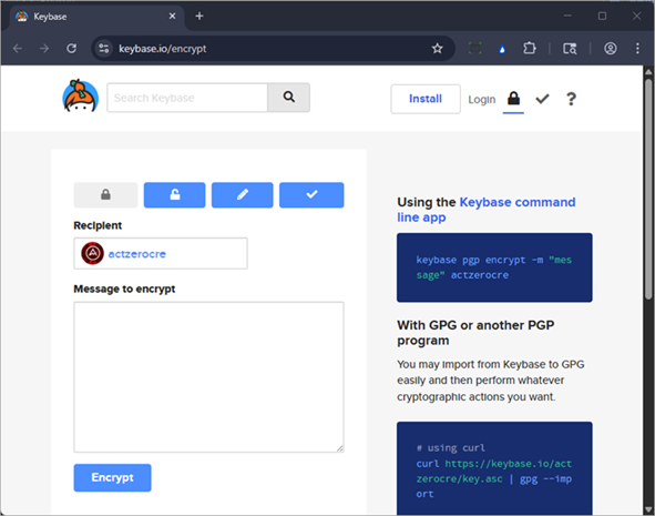 Screenshot of the Keybase encryption page