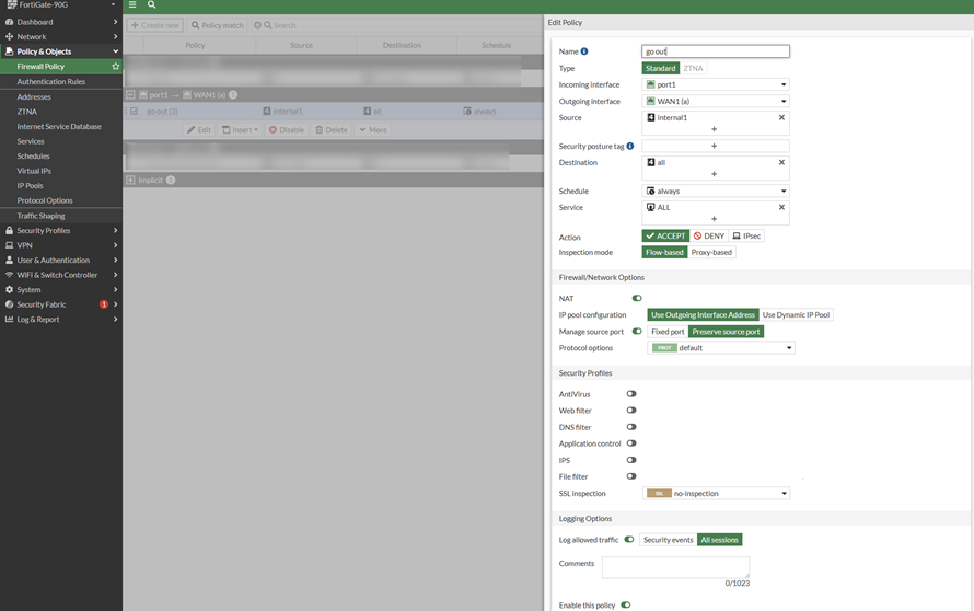 Screen shot of the Fortinet firewall log settings page