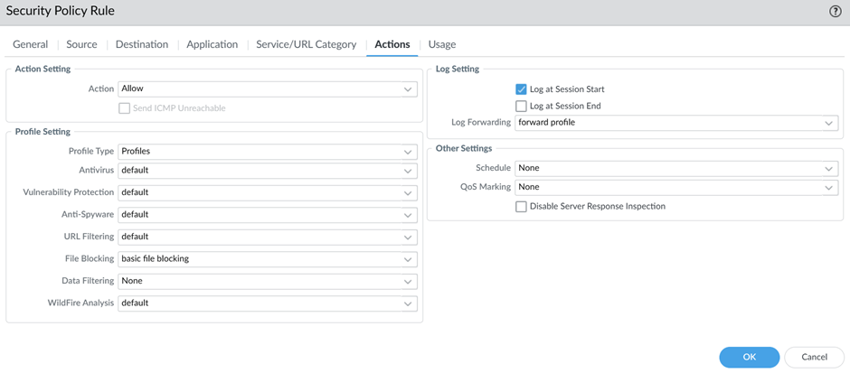 Screen shot of the Palo Alto Networks firewall settings