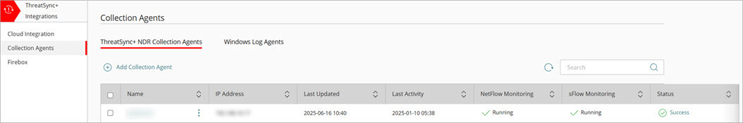 Screenshot of WatchGuard Cloud, the ThreatSync+ Collectors page, Test Integration 1