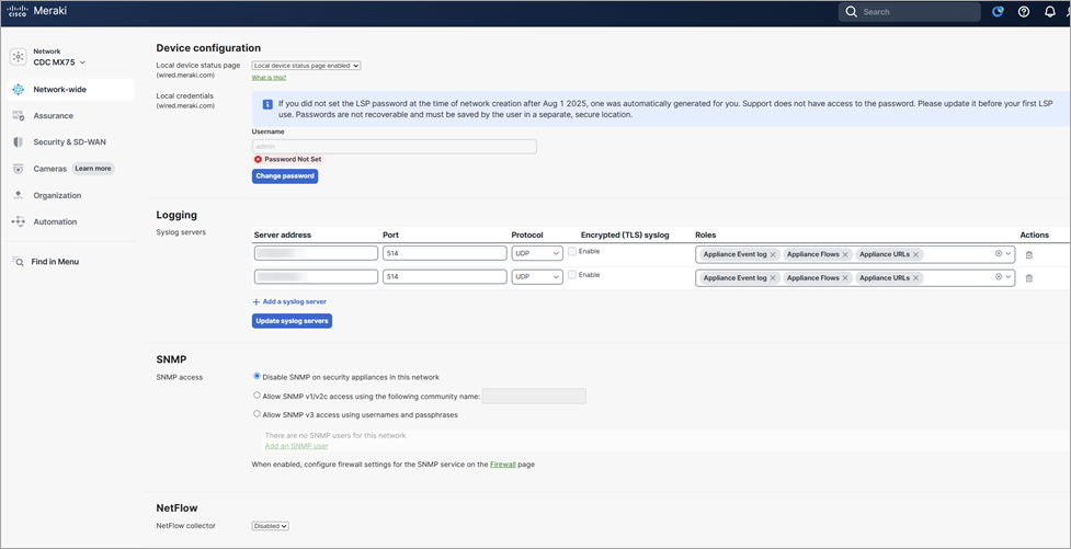 Screenshot of log settings in the Meraki UI