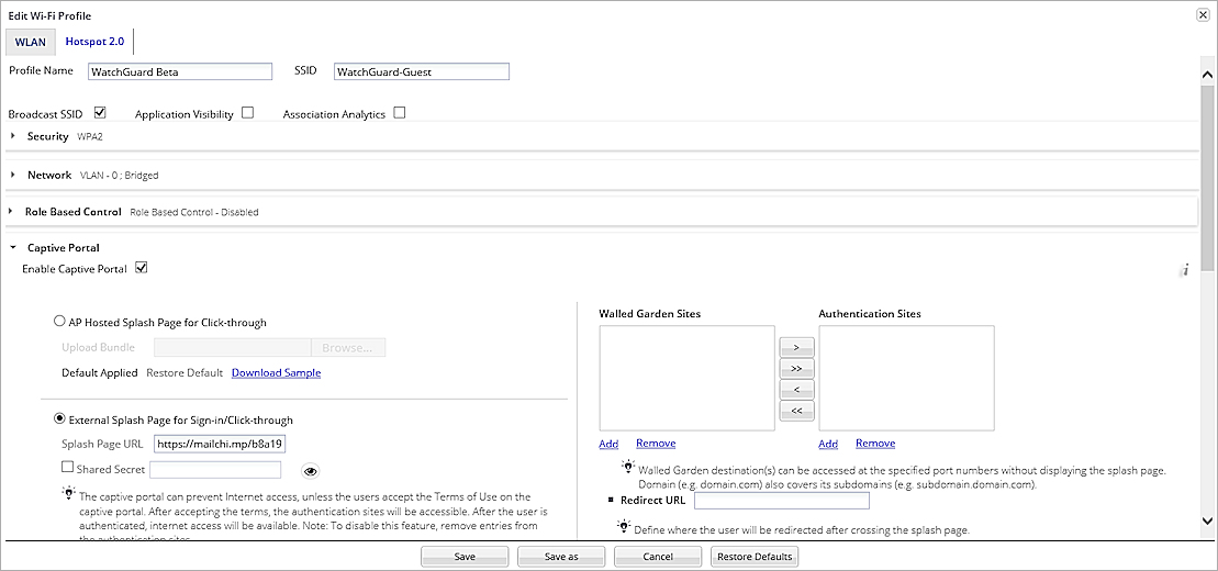 Screen shot of the WatchGaurd Wi-Fi Cloud Captive Portal configuration