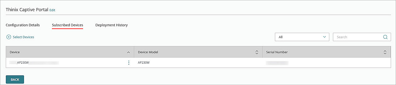 Screenshot of the subscribed devices in an access point site