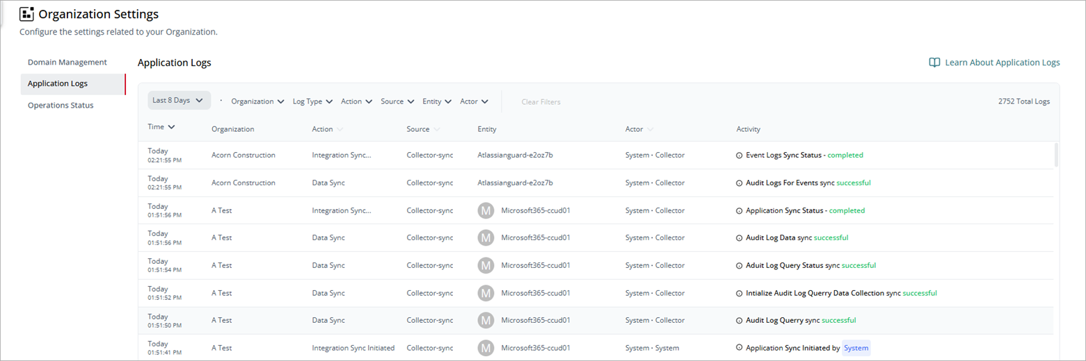 Screenshot of the Organization Settings > Application Logs page