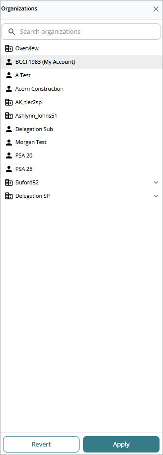 Screen shot of Organizations pane, CloudDR management UI