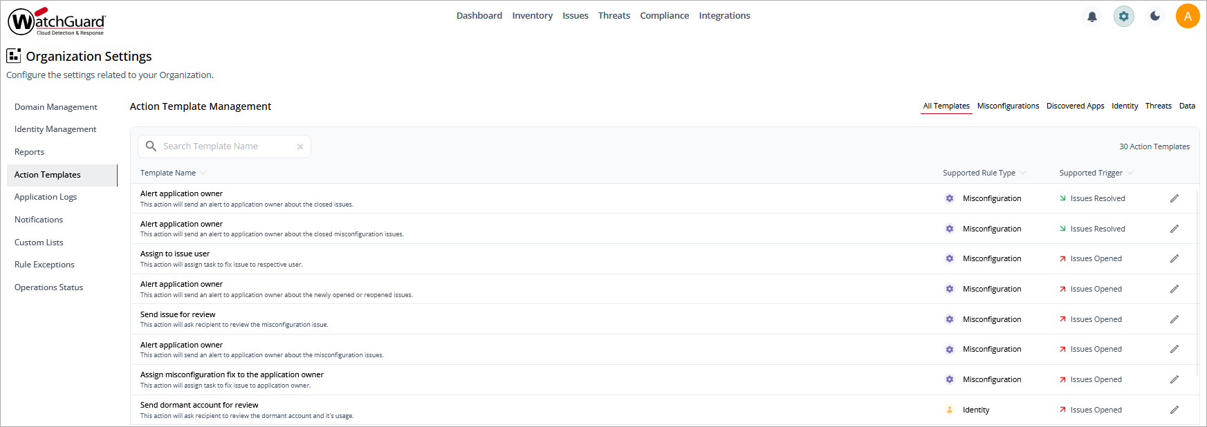 Screen shot of Actions Templates page in CloudDR