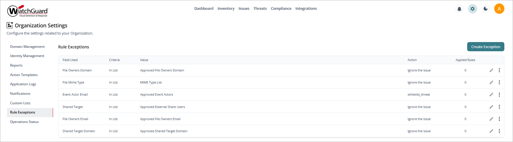 Screen shot of Rule Exceptions page in CloudDR