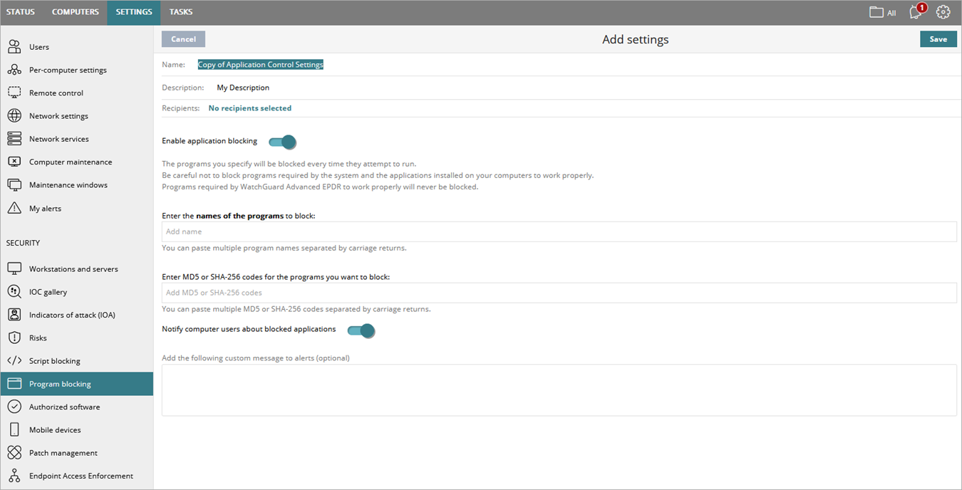 Screen shot of WatchGuard Endpoint Security, Add Settings page