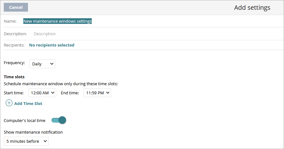 Screen shot of Endpoint Security, Settings, Maintenance Window settings