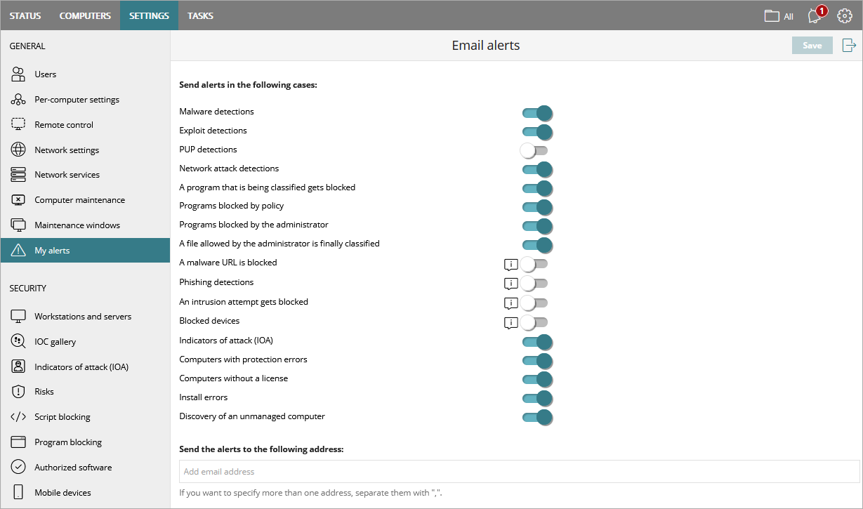 Screen shot of WatchGuard Endpoint Security, My Alerts page