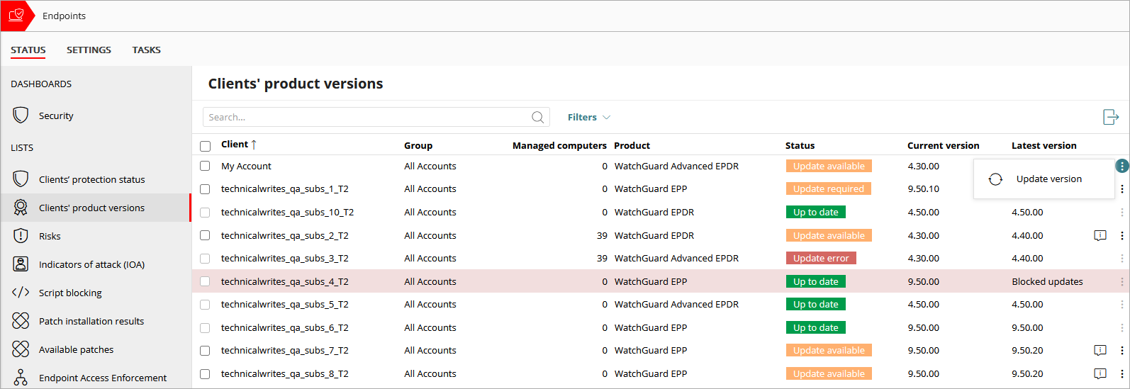 Screen shot of Clients product version list in Endpoint Security multi-tenant management UI