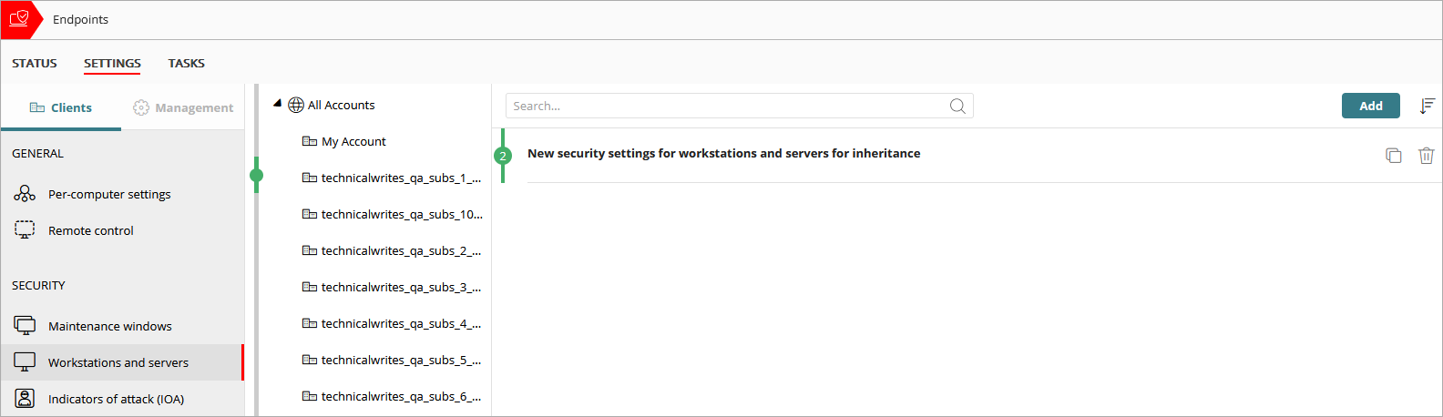 Screen shot of Service Provider Endpoint Manager, Workstation and server settings