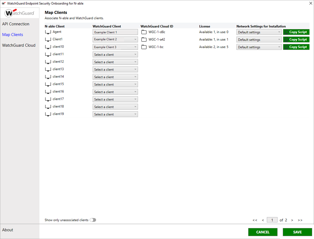 Screenshot of the Map Clients page of the WatchGuard Endpoint Security Onboarding for N-able application