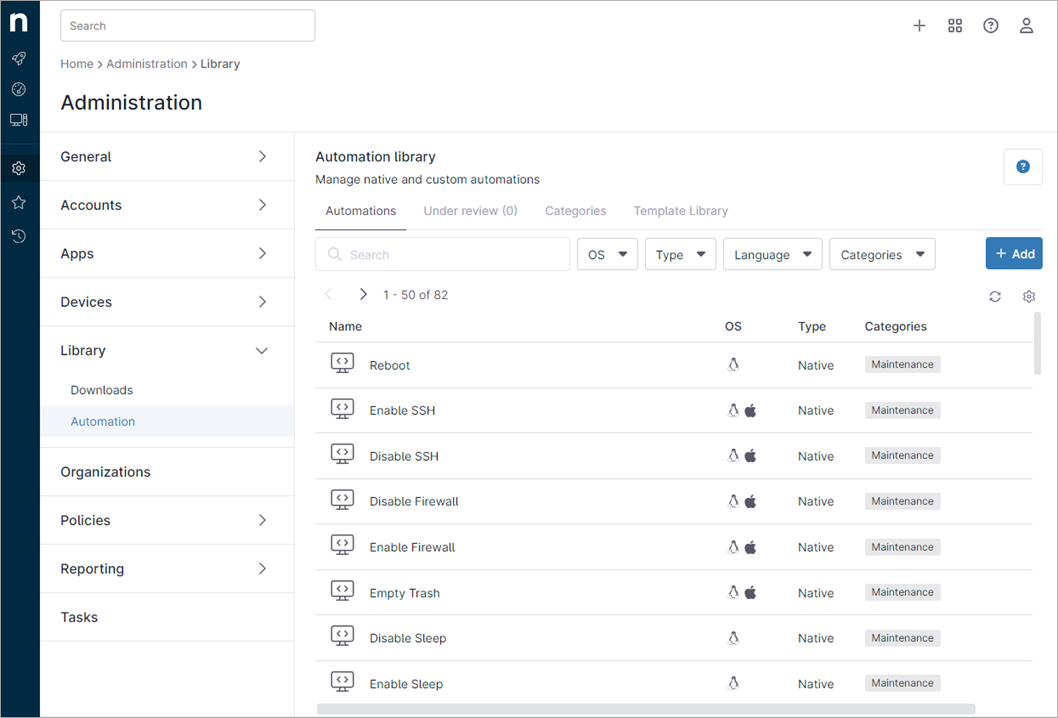 Screenshot of the Automations tab in NinjaOne