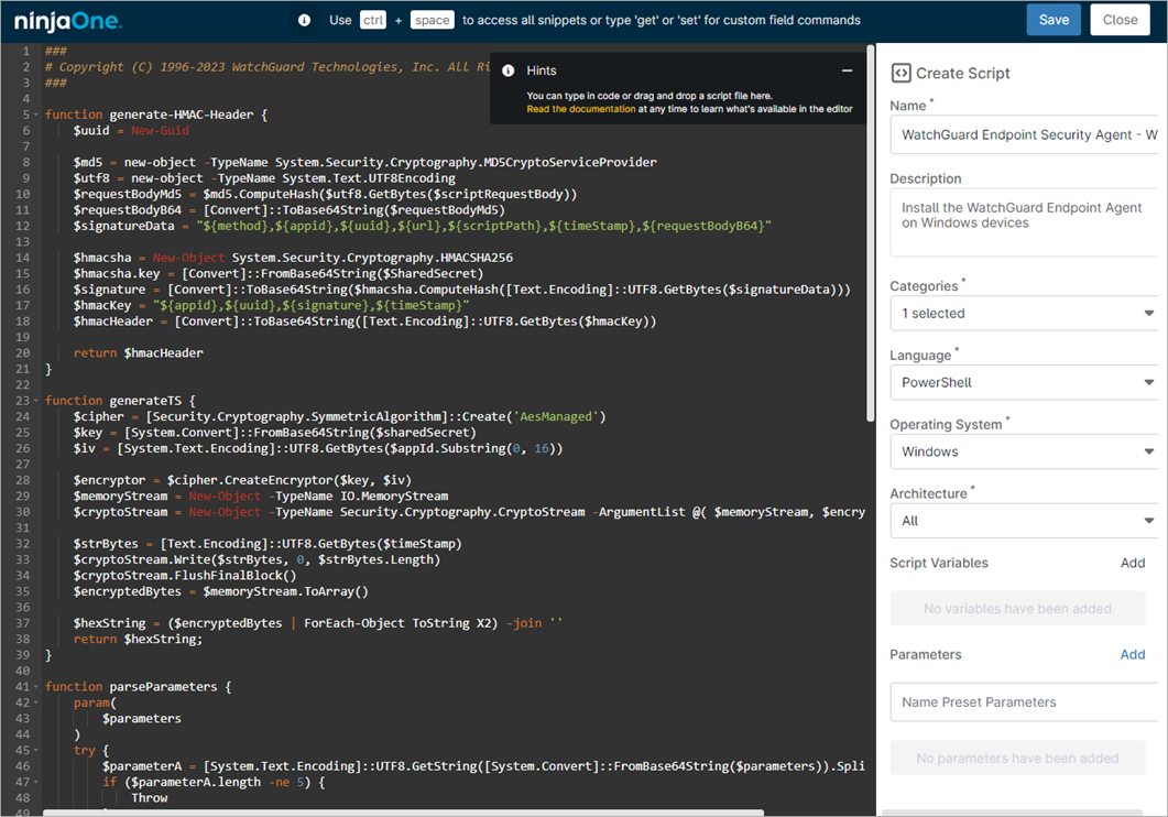 Screenshot of the Create Script page in NinjaOne
