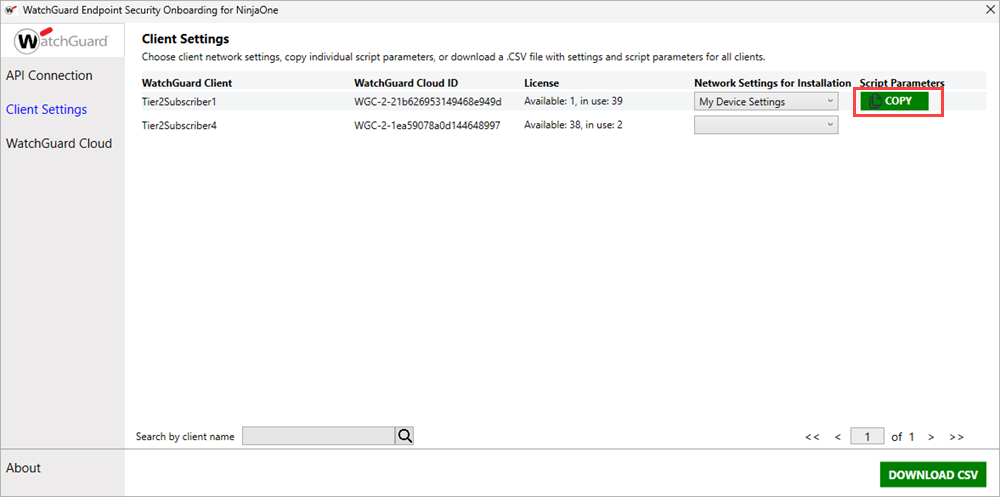 Screenshot of the Client Settings page in the NinjaOne Onboarding application with Copy Script Parameters highlighted
